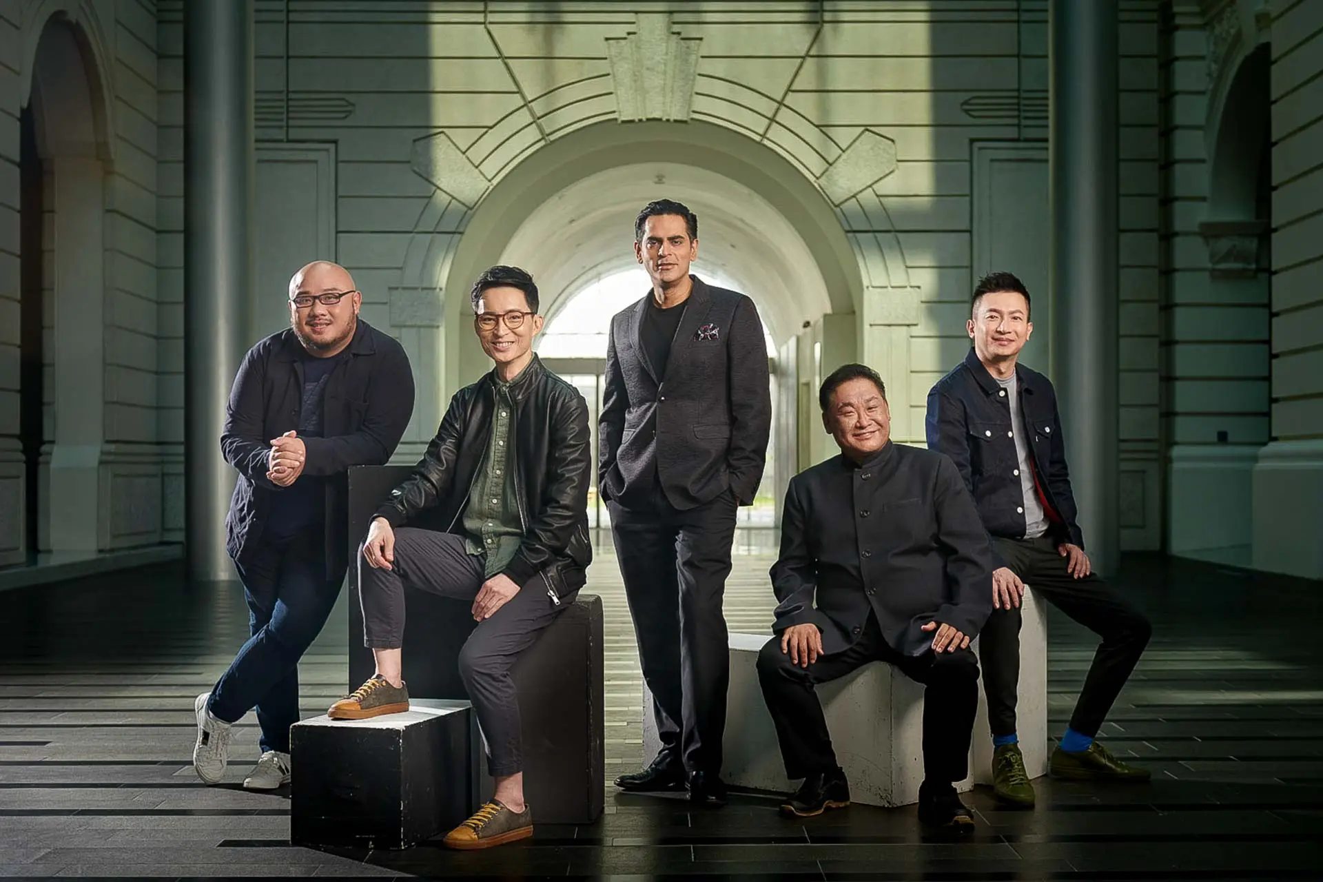 Five Singapore theatre directors photographed formally at The Arts House.