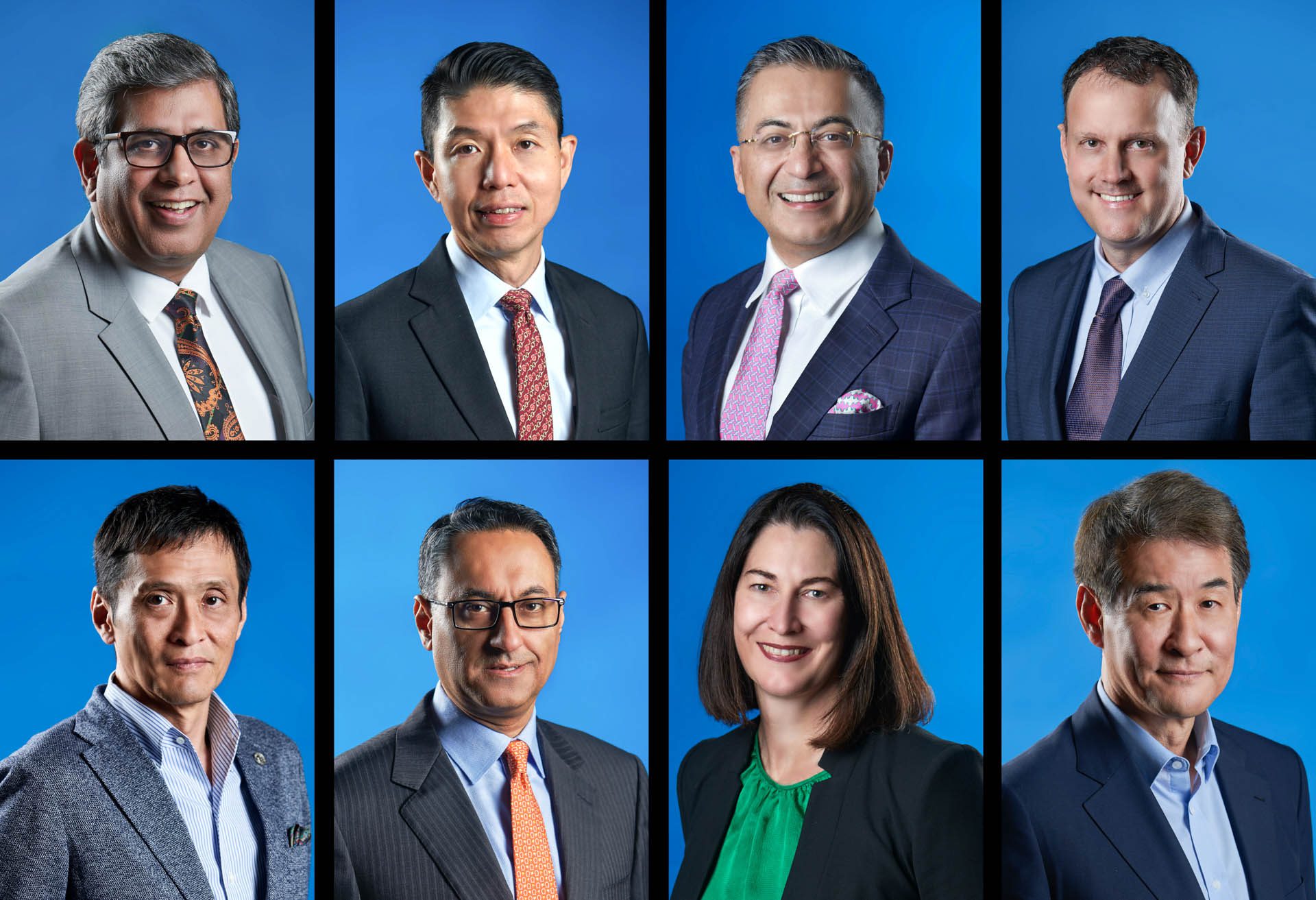 Eight matched Dell Technologies Asia Pacific Japan leadership portraits on a blue background
