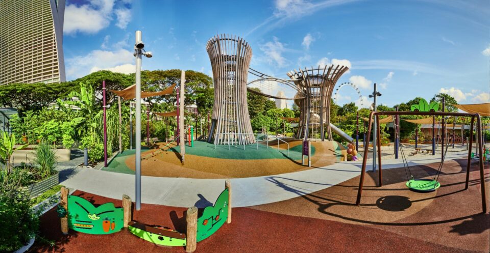Kompan playground at Gardens by the Bay in daylight, canopy play structures set among the greenery — theatre — performing arts photographer singapore