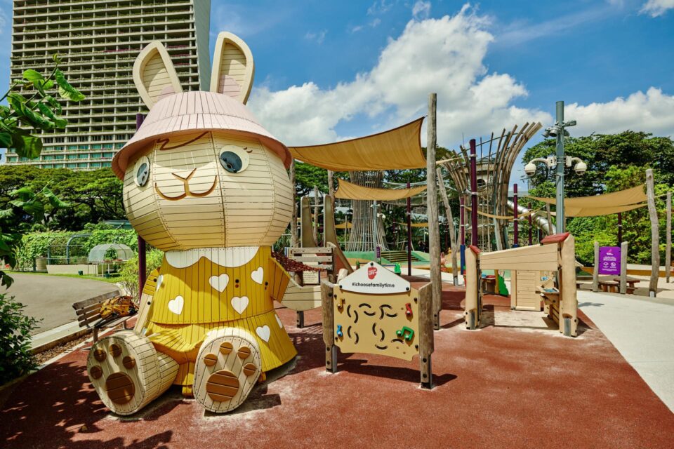 Golden rabbit sculpture and shelter structure at the Kompan playground at Gardens by the Bay — playground photographer — singapore commercial photographer