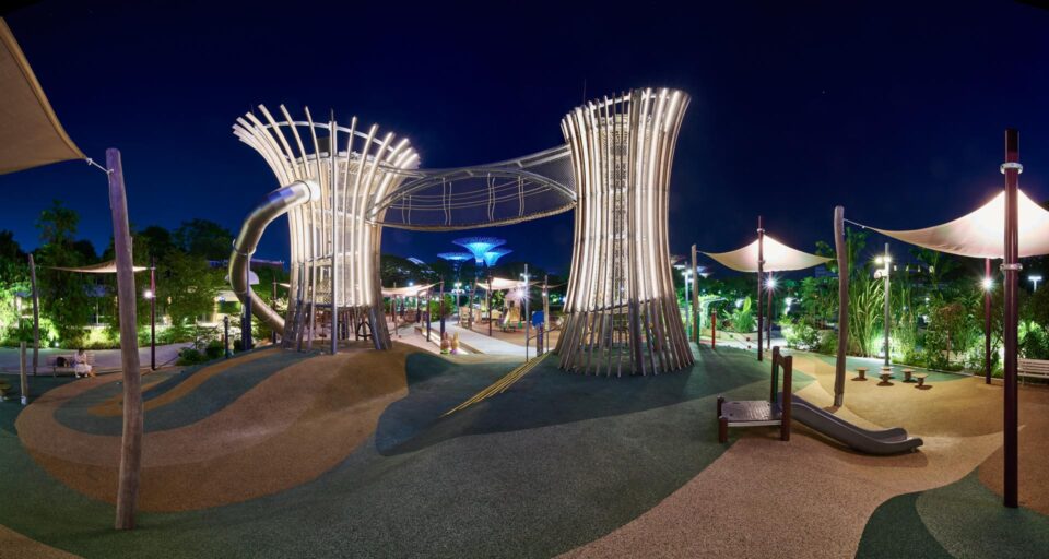 Wide night view of the Kompan canopy play structures at Gardens by the Bay — theatre photographer singapore — performing arts photographer singapore
