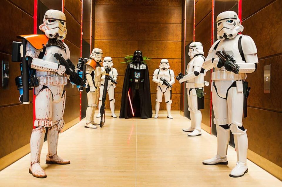 Costumed Star Wars stormtroopers walking through the venue at the 2014 Lucasfilm Sandcrawler official opening — singapore corporate events photographer