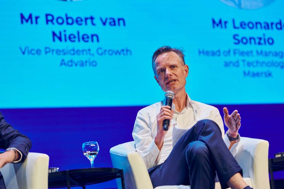 Panel speakers from Advario and Maersk on stage at Singapore Maritime Week 2024 — singapore corporate events photographer, professional corporate events photography singapore