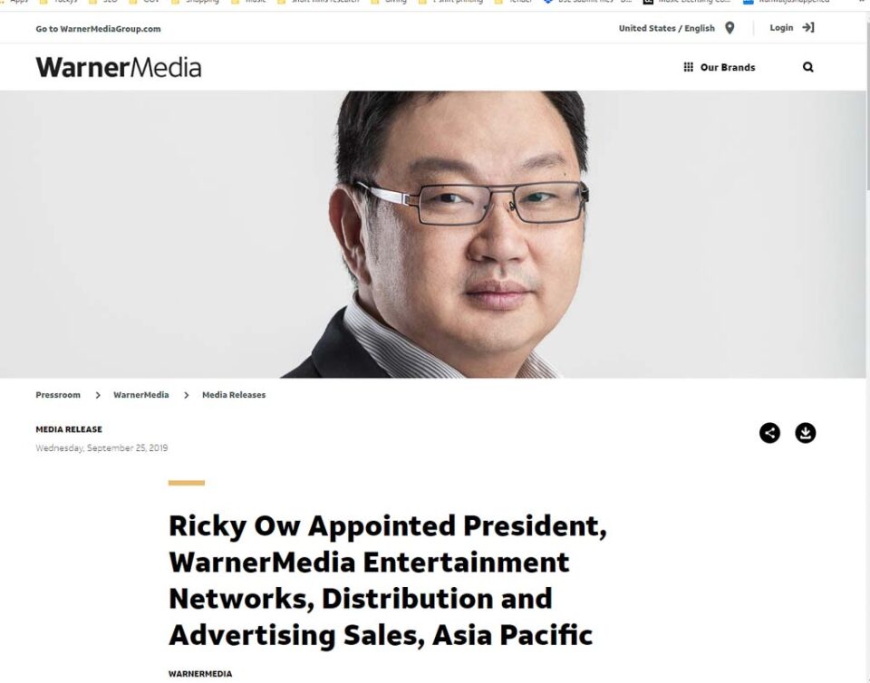 Published announcement of Ricky Ow as President of WarnerMedia Entertainment Networks Asia Pacific — singapore c-suite portrait photography