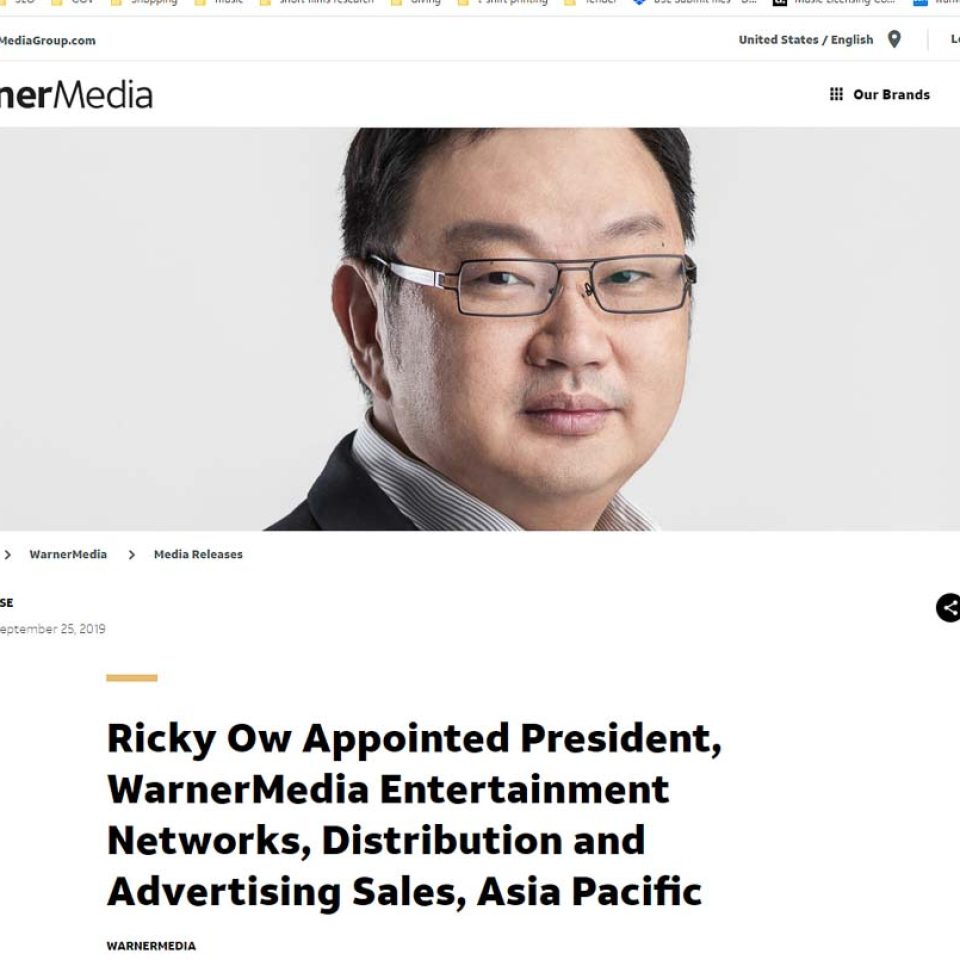 Published announcement of Ricky Ow as President of WarnerMedia Entertainment Networks Asia Pacific — singapore c-suite portrait photography
