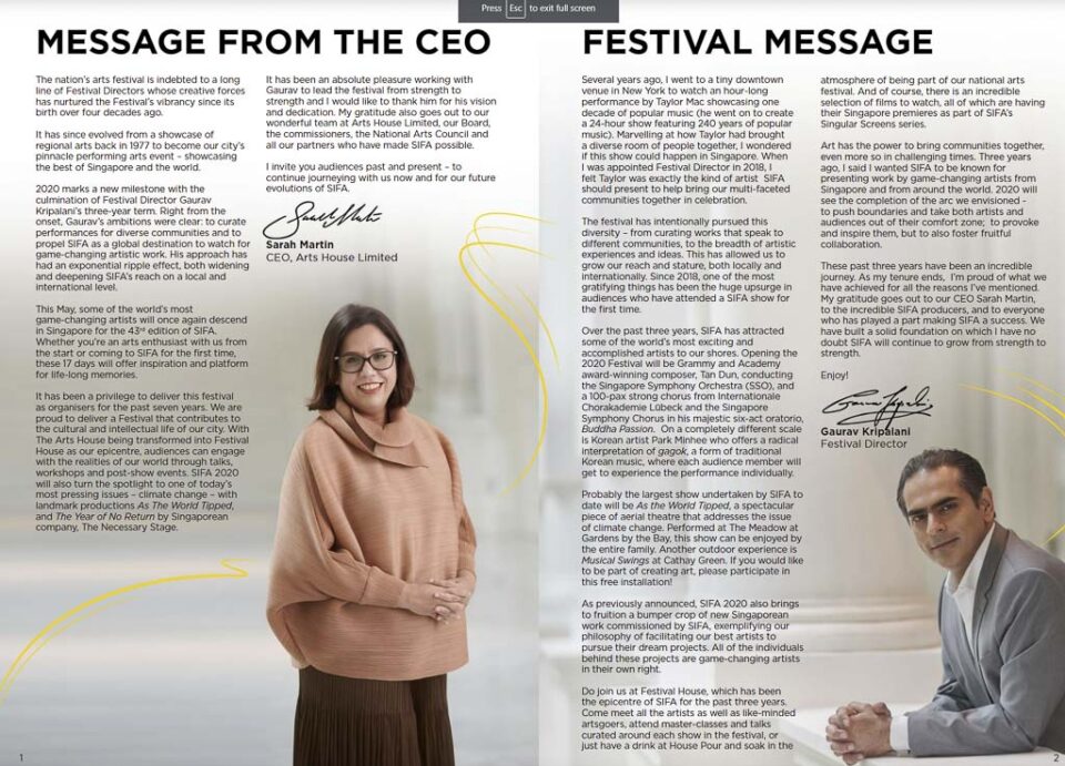 Singapore International Festival of Arts 2020 guide spread carrying the festival director's message and portrait — singapore corporate events photographer