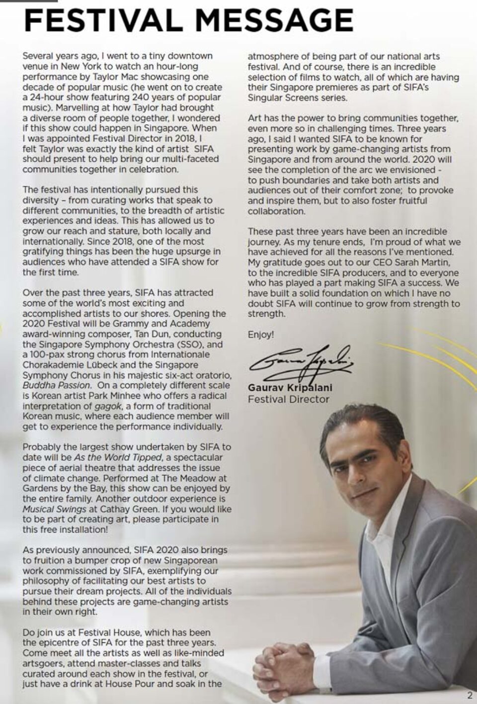 Singapore International Festival of Arts 2020 guide spread carrying the festival director's message and portrait — singapore C-suite portrait photography