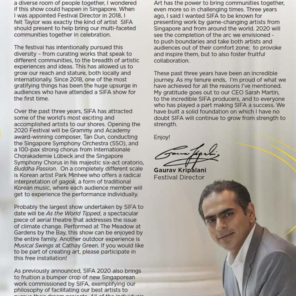 Singapore International Festival of Arts 2020 guide spread carrying the festival director's message and portrait — singapore C-suite portrait photography