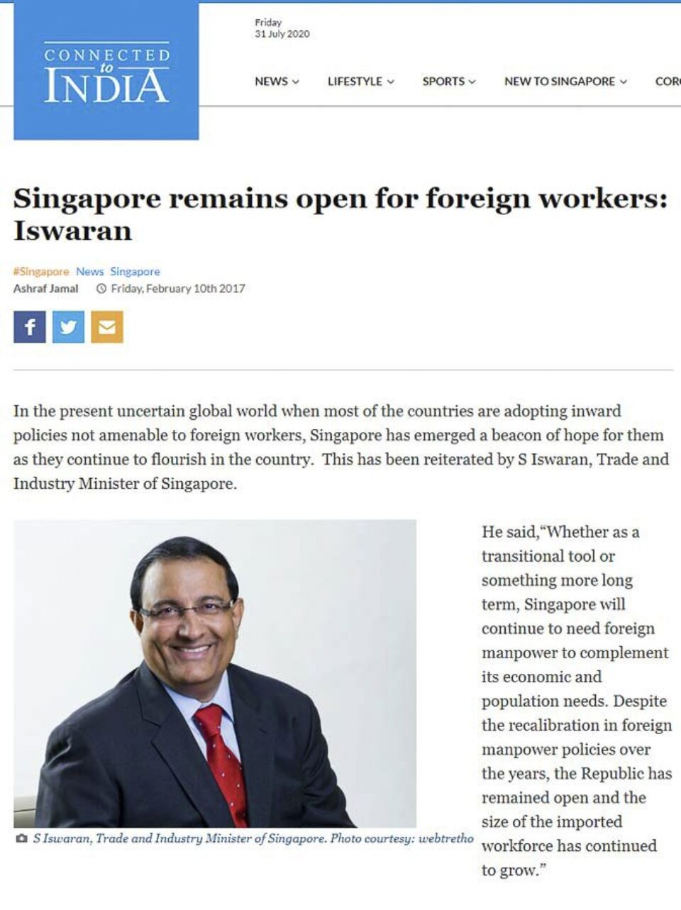 Published article quoting Singapore Trade and Industry Minister S Iswaran, illustrated with the commissioned portrait — singapore corporate events photographer