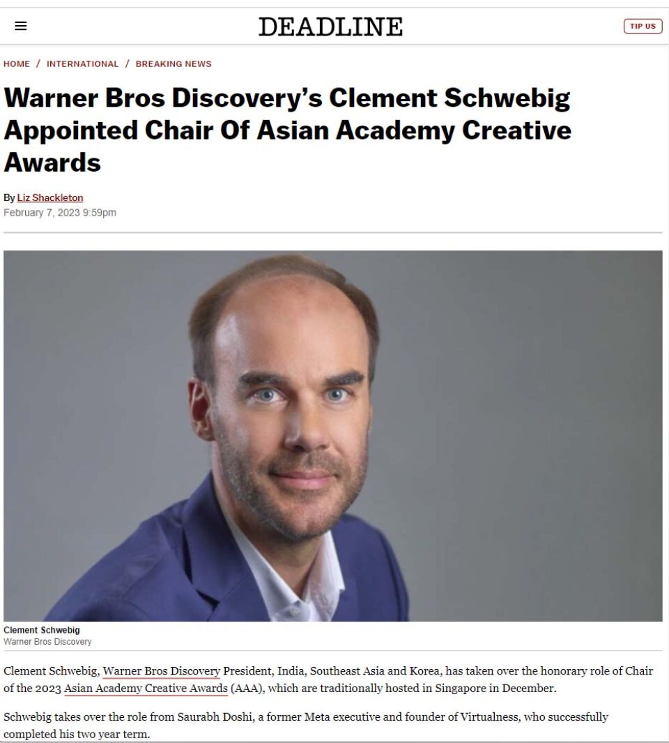 Published announcement of Clement Schwebig as Chair of the Asian Academy Creative Awards, illustrated with the corporate portrait — singapore C-suite portrait photography