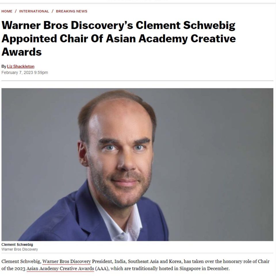 Published announcement of Clement Schwebig as Chair of the Asian Academy Creative Awards, illustrated with the corporate portrait — singapore C-suite portrait photography