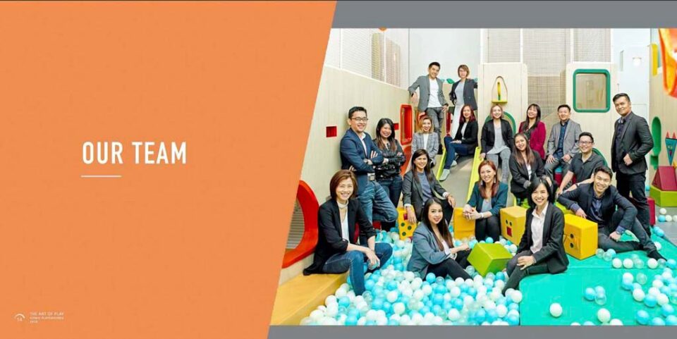 Commercial group portrait of the Playpoint team seated in a ball pit against an orange wall — singapore corporate portrait photography, corporate portrait photographer singapore