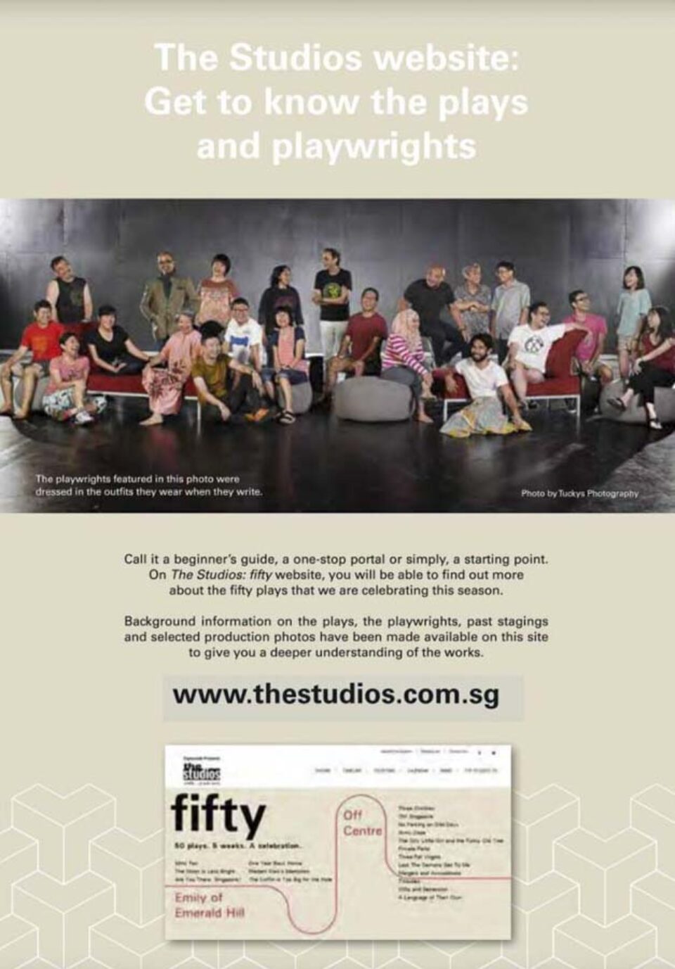 Printed poster for Esplanade Studios featuring a large ensemble portrait of Singapore playwrights — corporate portrait photographer singapore