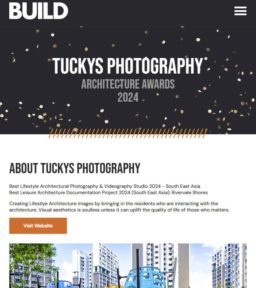 BUILD Architecture Awards 2024 winner: Tuckys Photography, Best Lifestyle Architectural Photography & Videography Studio 2024 – South East Asia and Best Leisure Architecture Documentation Project 2024 (South East Asia): Rivervale Shores