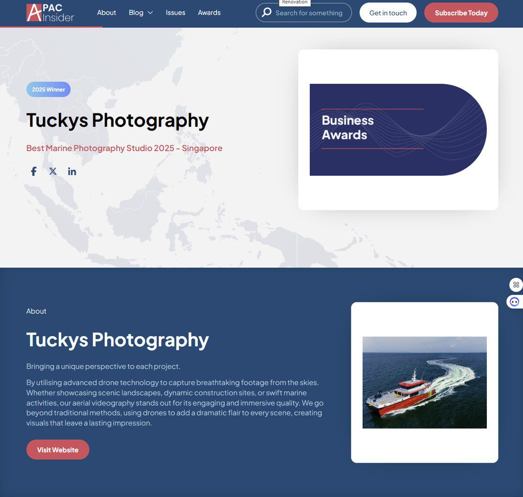 APAC Insider Business Awards winner: Tuckys Photography, Best Marine Photography Studio 2025 – Singapore