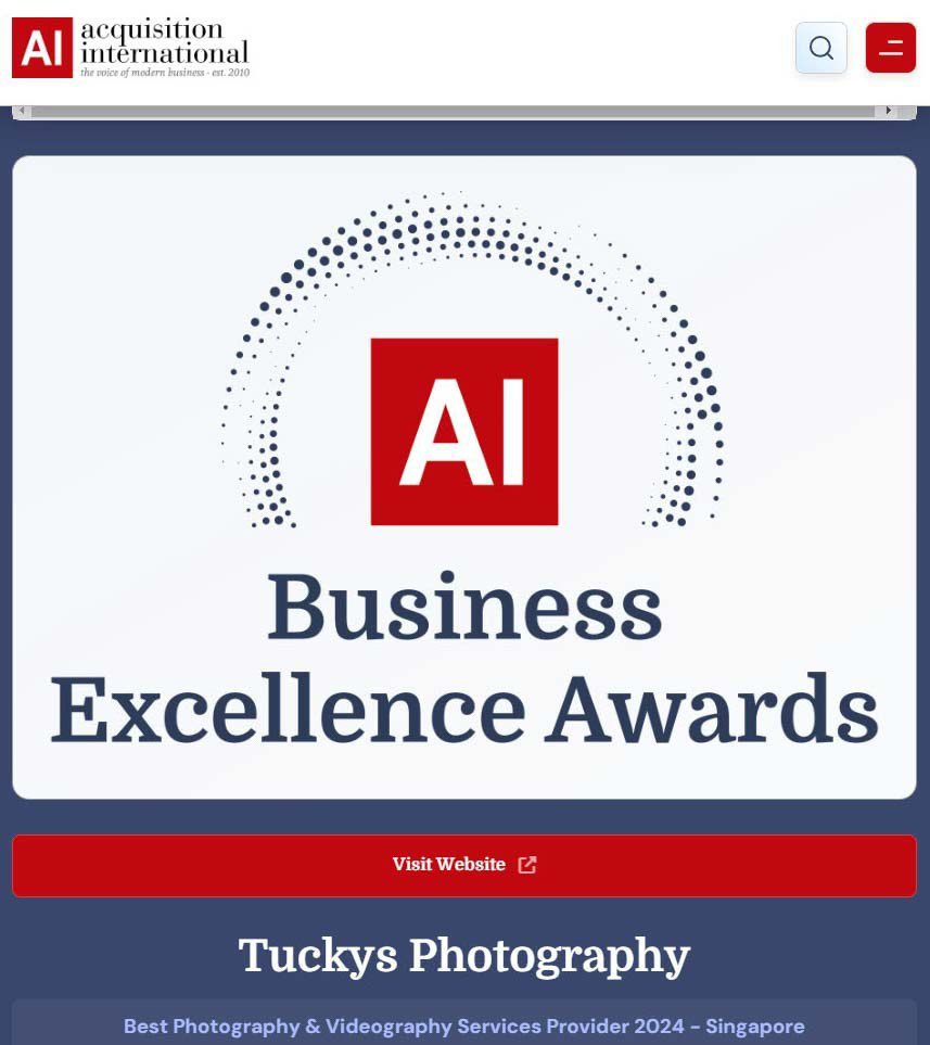Acquisition International Business Excellence Awards winner: Tuckys Photography, Best Photography & Videography Services Provider 2024 – Singapore