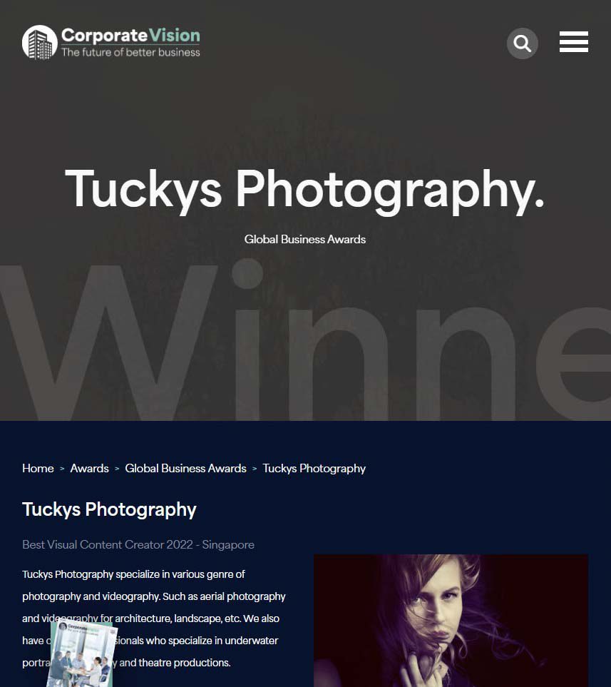 Corporate Vision Global Business Awards winner: Tuckys Photography, Best Visual Content Creator 2022 – Singapore